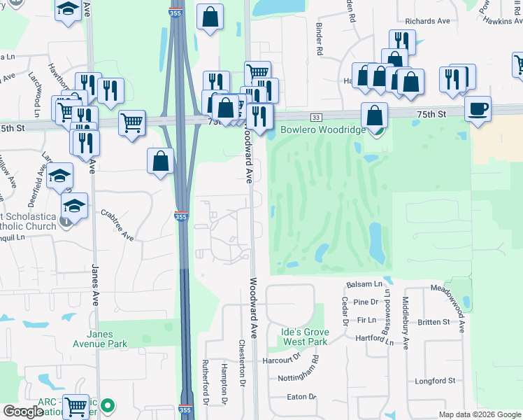 map of restaurants, bars, coffee shops, grocery stores, and more near 7713 Woodward Avenue in Woodridge