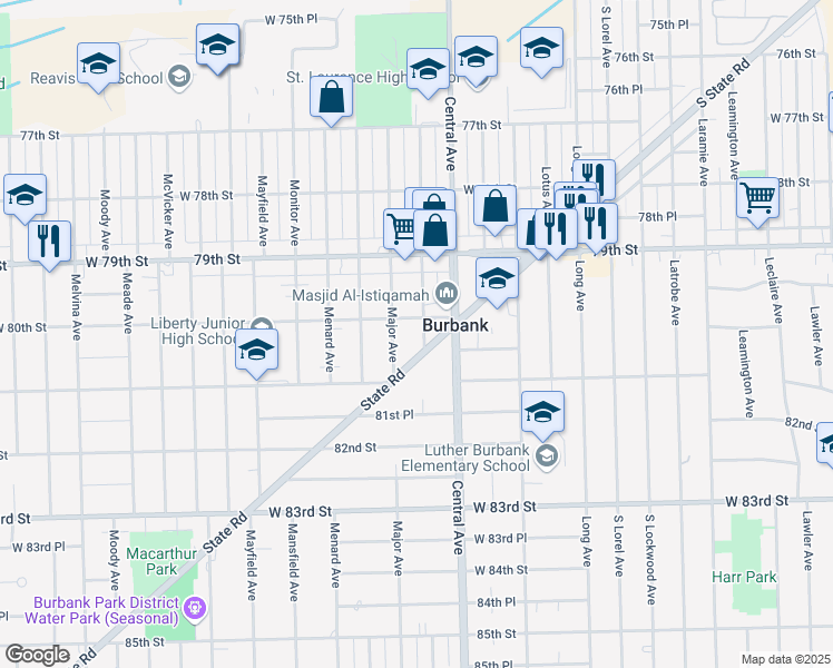 map of restaurants, bars, coffee shops, grocery stores, and more near 8008 Parkside Avenue in Burbank