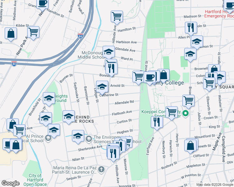 map of restaurants, bars, coffee shops, grocery stores, and more near 72 Catherine Street in Hartford