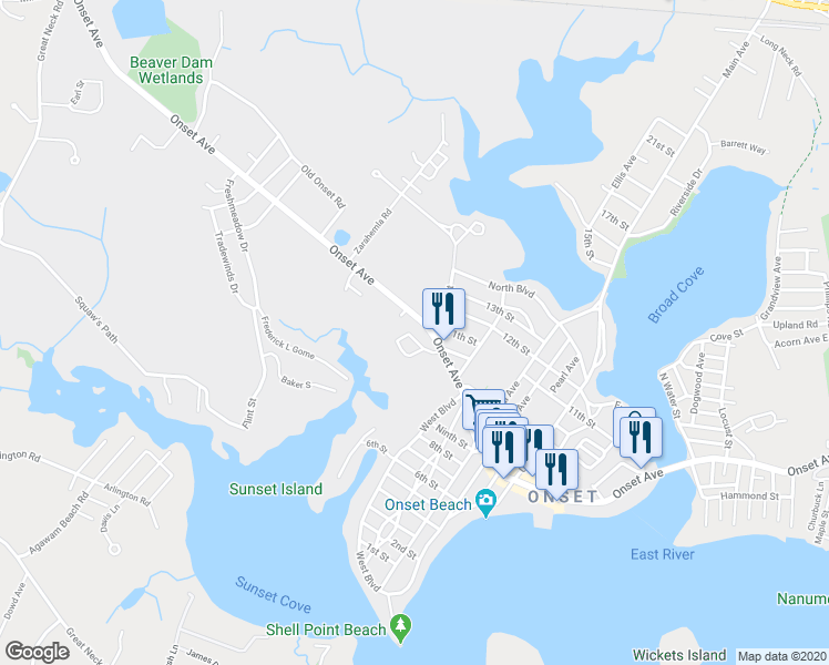 map of restaurants, bars, coffee shops, grocery stores, and more near 13 Storer Street in Wareham