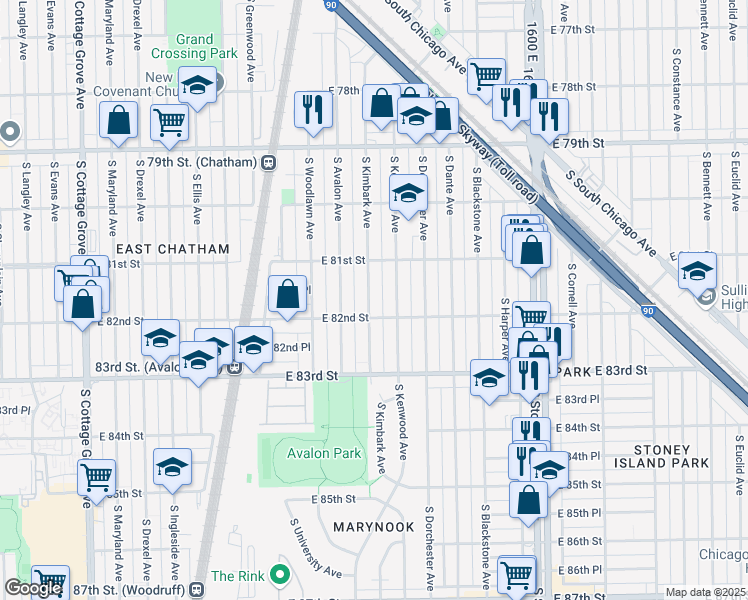 map of restaurants, bars, coffee shops, grocery stores, and more near 8141 South Kimbark Avenue in Chicago