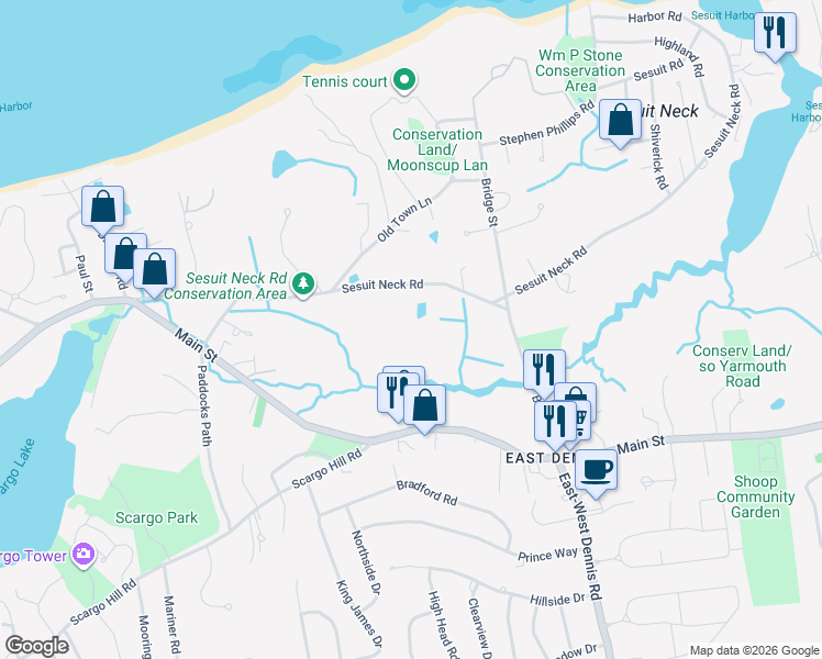 map of restaurants, bars, coffee shops, grocery stores, and more near 159 Sesuit Neck Road in Dennis