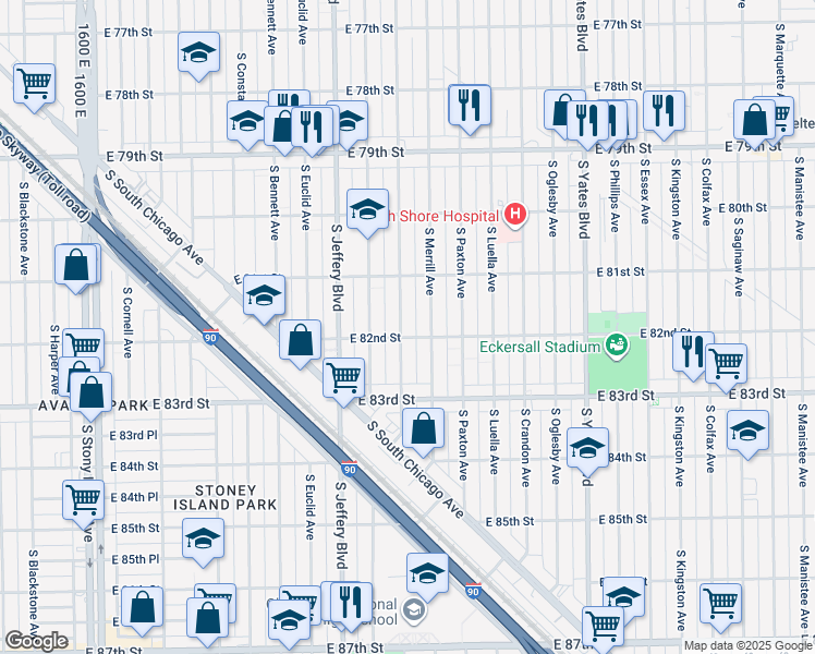 map of restaurants, bars, coffee shops, grocery stores, and more near 8147 South Clyde Avenue in Chicago