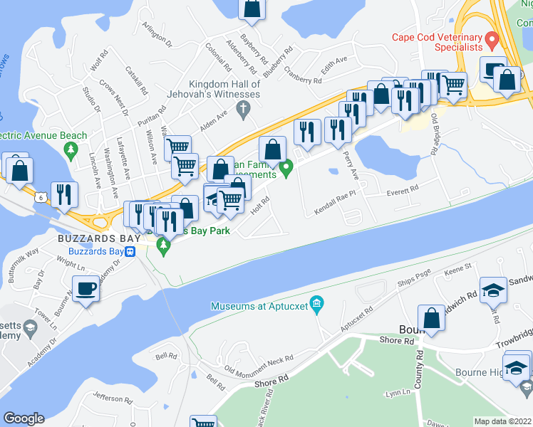 map of restaurants, bars, coffee shops, grocery stores, and more near 25 Thomas Avenue in Bourne