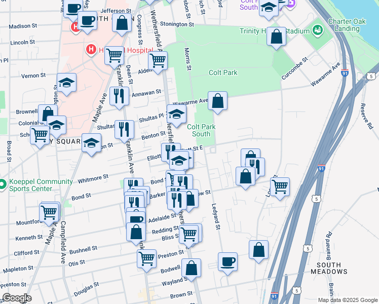 map of restaurants, bars, coffee shops, grocery stores, and more near 23 Elliott Street East in Hartford