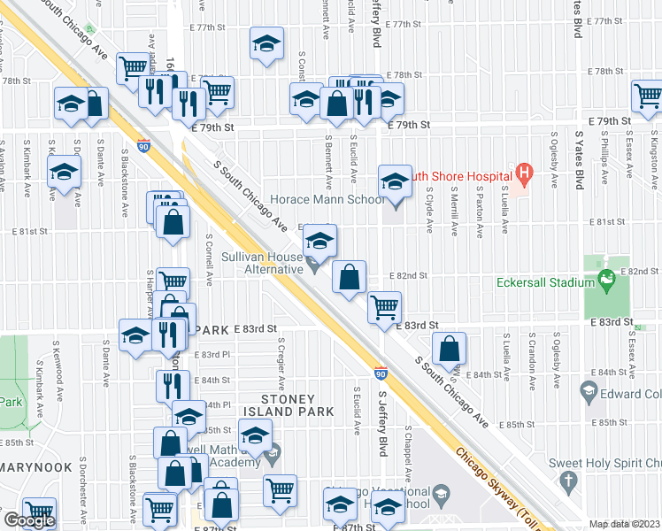 map of restaurants, bars, coffee shops, grocery stores, and more near South Bennett Avenue in Chicago