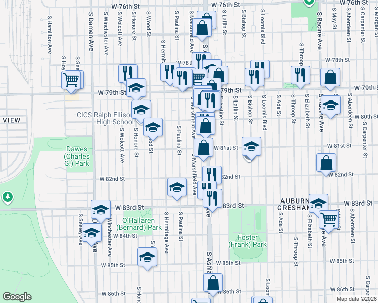 map of restaurants, bars, coffee shops, grocery stores, and more near 8101 South Marshfield Avenue in Chicago