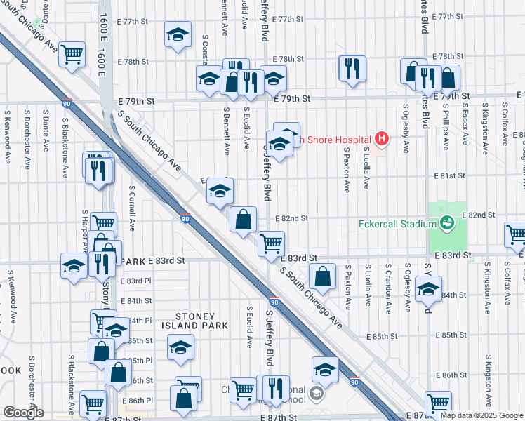 map of restaurants, bars, coffee shops, grocery stores, and more near 8148 South Jeffery Boulevard in Chicago