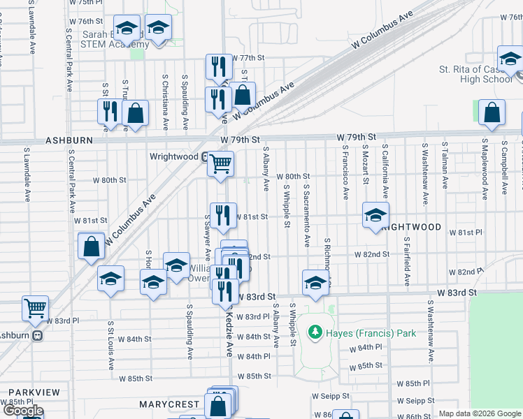 map of restaurants, bars, coffee shops, grocery stores, and more near 8055 South Troy Street in Chicago