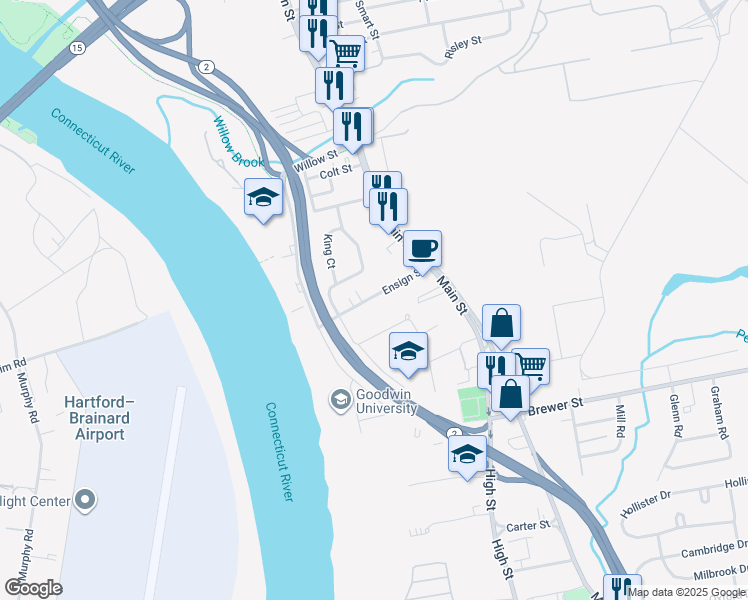 map of restaurants, bars, coffee shops, grocery stores, and more near 53 Ensign Street in East Hartford