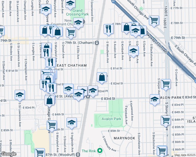 map of restaurants, bars, coffee shops, grocery stores, and more near 1117 East 81st Place in Chicago