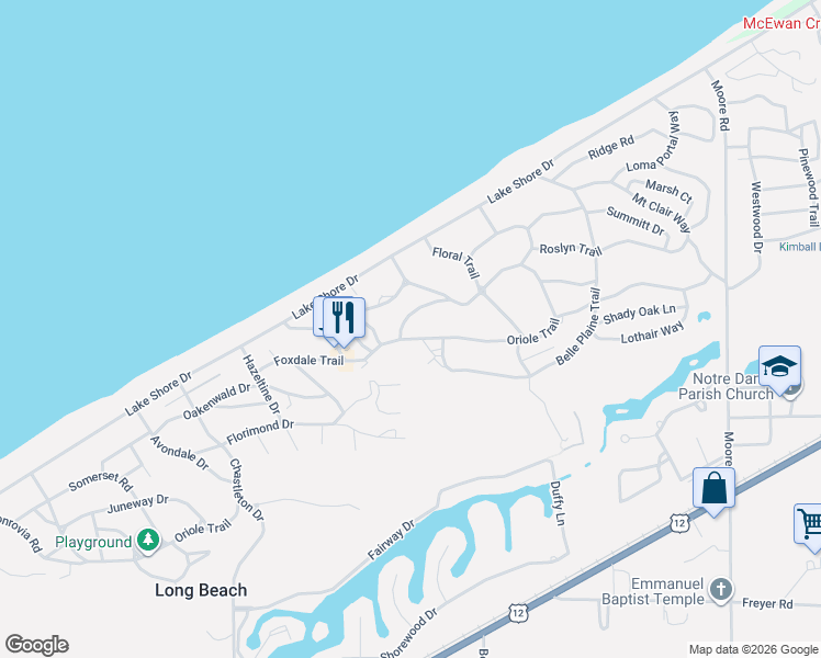 map of restaurants, bars, coffee shops, grocery stores, and more near 2514 Oriole Trail in Michigan City
