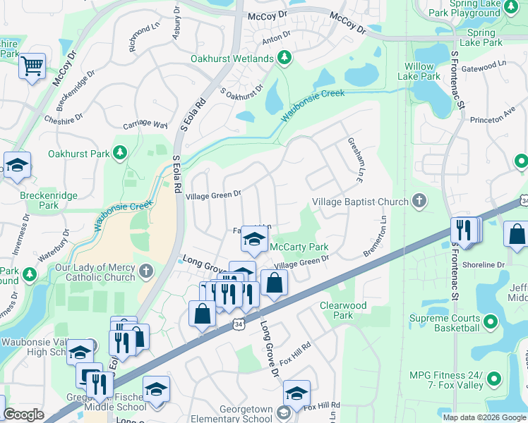 map of restaurants, bars, coffee shops, grocery stores, and more near 472 Mayfield Lane in Aurora