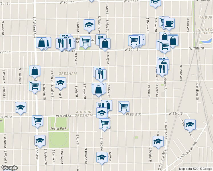 map of restaurants, bars, coffee shops, grocery stores, and more near 8108 South May Street in Chicago