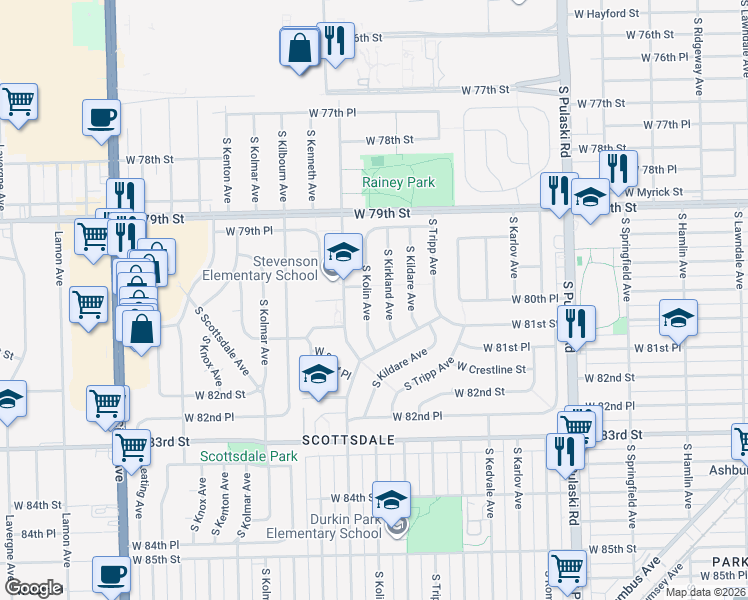 map of restaurants, bars, coffee shops, grocery stores, and more near 8013 South Kolin Avenue in Chicago