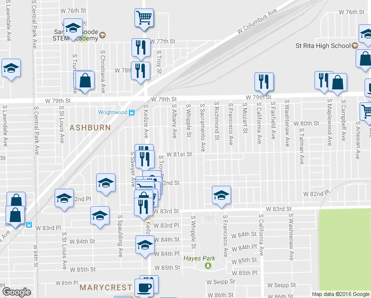 map of restaurants, bars, coffee shops, grocery stores, and more near 8050 South Whipple Street in Chicago