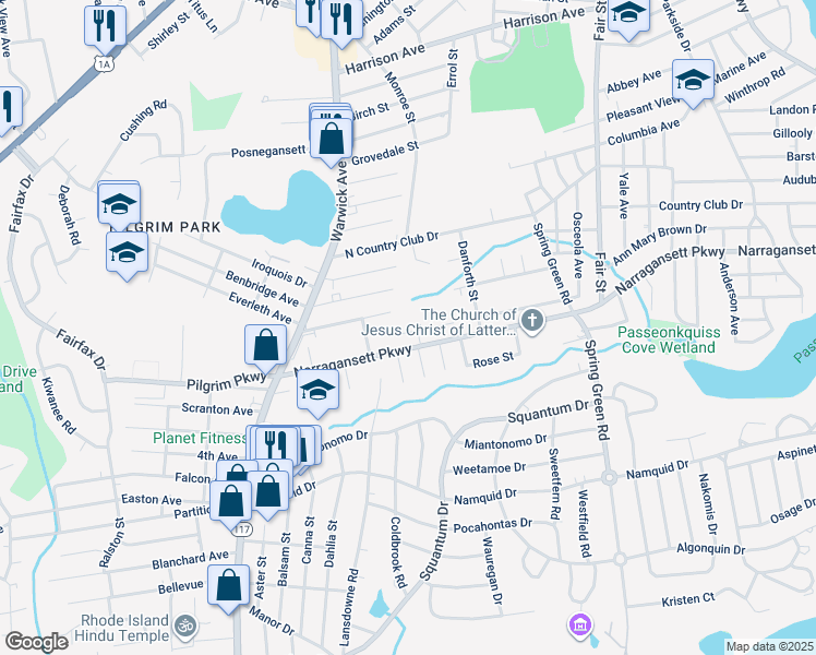 map of restaurants, bars, coffee shops, grocery stores, and more near 75 Hull Street in Warwick