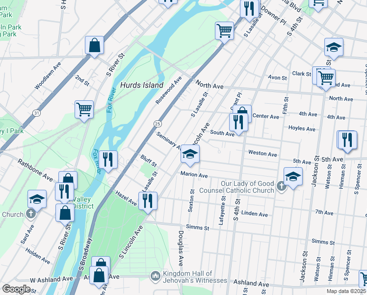 map of restaurants, bars, coffee shops, grocery stores, and more near 214 Seminary Avenue in Aurora