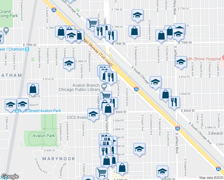 map of restaurants, bars, coffee shops, grocery stores, and more near 8145 South Stony Island Avenue in Chicago
