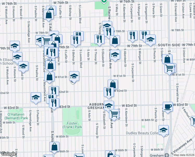 map of restaurants, bars, coffee shops, grocery stores, and more near 8107 South Throop Street in Chicago