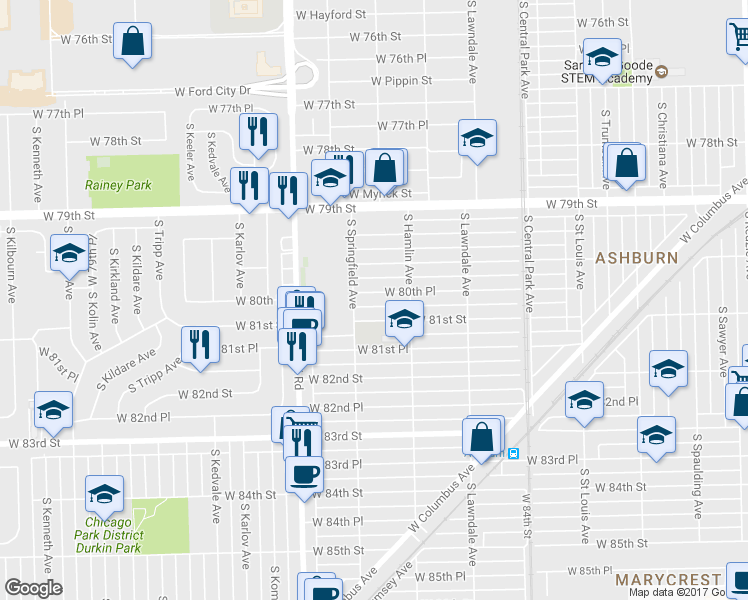 map of restaurants, bars, coffee shops, grocery stores, and more near 3839 West 80th Place in Chicago