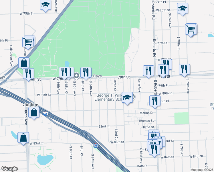 map of restaurants, bars, coffee shops, grocery stores, and more near 7926 S 83rd Ave in Justice