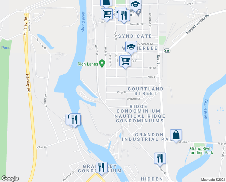 map of restaurants, bars, coffee shops, grocery stores, and more near 221 King Street in Painesville