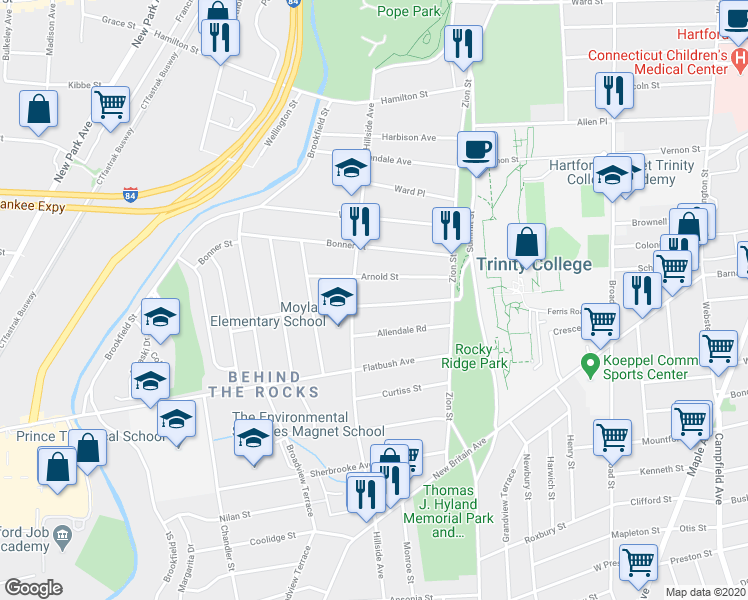 map of restaurants, bars, coffee shops, grocery stores, and more near 72 Catherine Street in Hartford