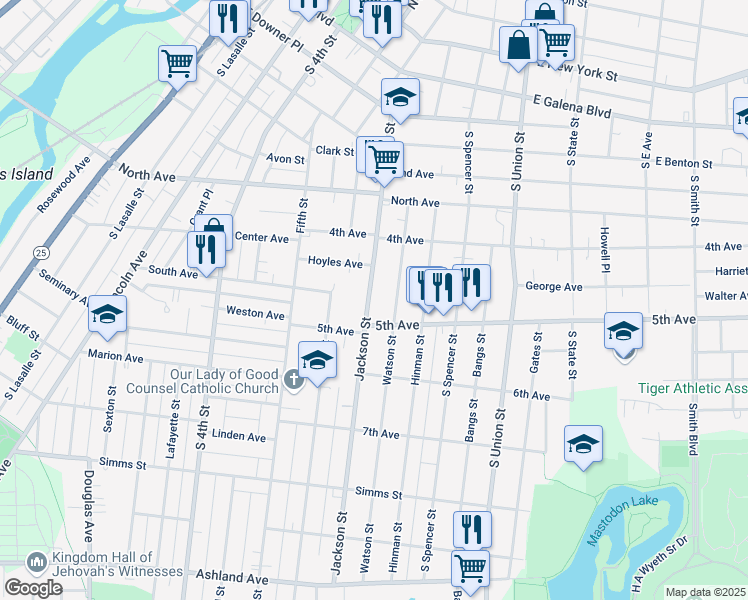 map of restaurants, bars, coffee shops, grocery stores, and more near 458 Jackson Street in Aurora
