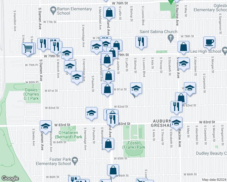 map of restaurants, bars, coffee shops, grocery stores, and more near 8101 South Ashland Avenue in Chicago