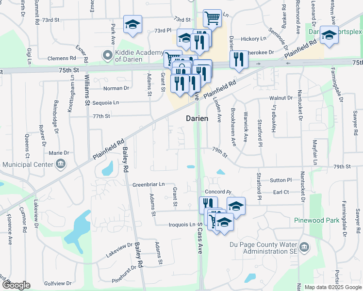 map of restaurants, bars, coffee shops, grocery stores, and more near 7730 Wildwood Court in Darien