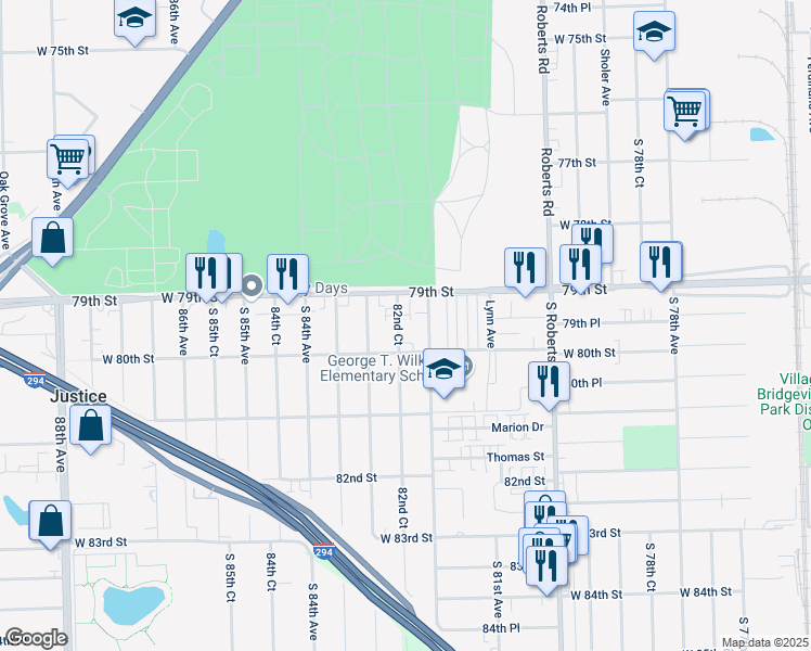 map of restaurants, bars, coffee shops, grocery stores, and more near 7925 South 82nd Court in Justice
