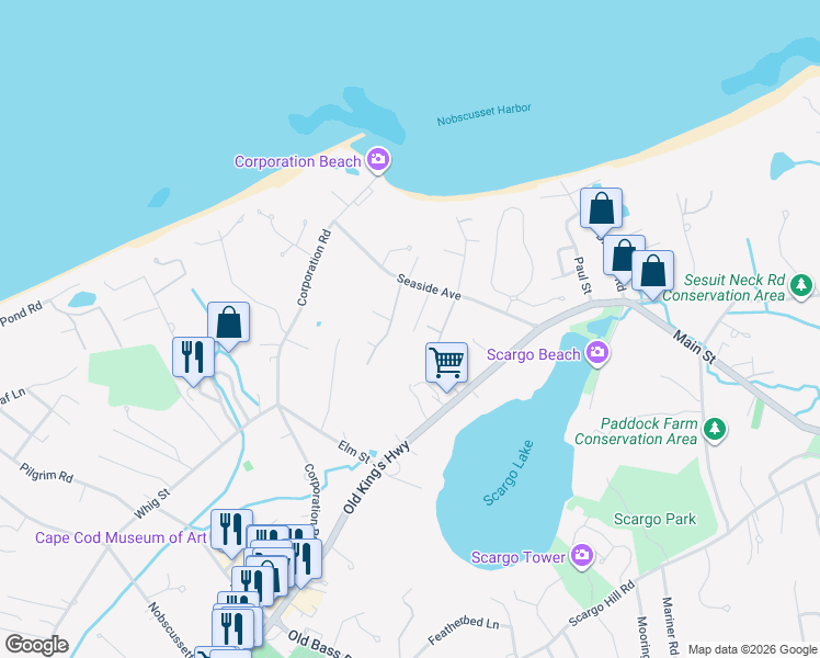 map of restaurants, bars, coffee shops, grocery stores, and more near 59 Seaside Avenue in Dennis
