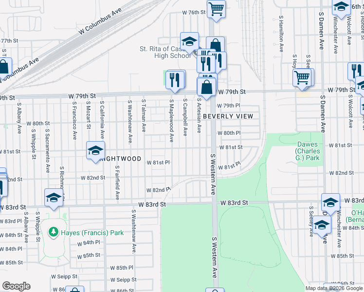 map of restaurants, bars, coffee shops, grocery stores, and more near 8056 South Campbell Avenue in Chicago