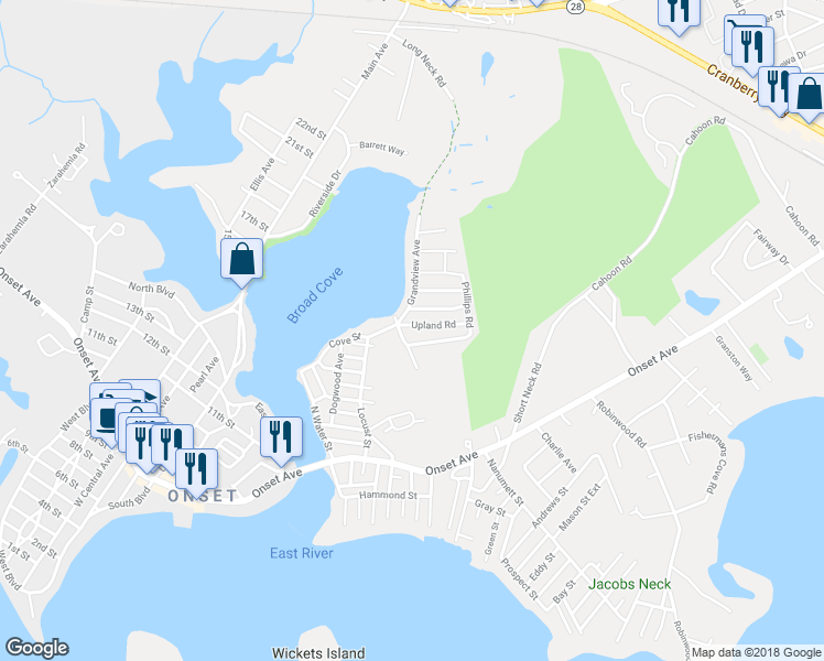 map of restaurants, bars, coffee shops, grocery stores, and more near 3 Upland Road in Plymouth