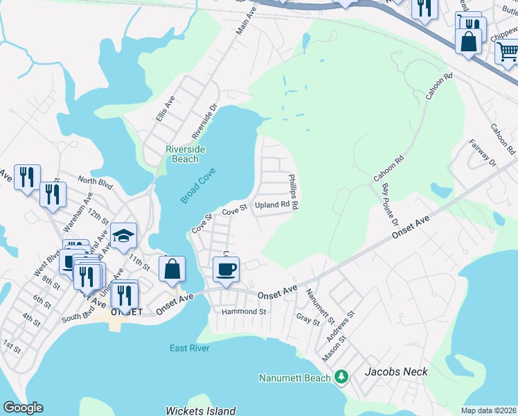 map of restaurants, bars, coffee shops, grocery stores, and more near 3 Upland Road in Plymouth