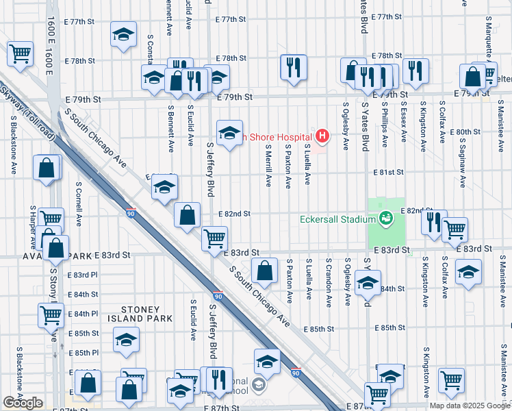 map of restaurants, bars, coffee shops, grocery stores, and more near 8147 South Clyde Avenue in Chicago