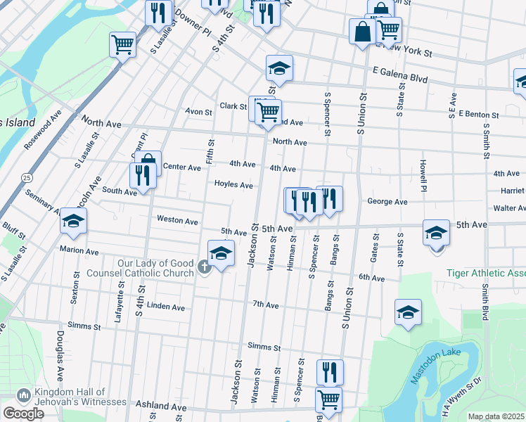 map of restaurants, bars, coffee shops, grocery stores, and more near 458 Jackson Street in Aurora