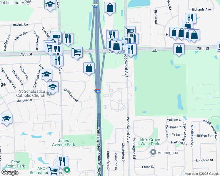 map of restaurants, bars, coffee shops, grocery stores, and more near 2082 Country Club Drive in Woodridge