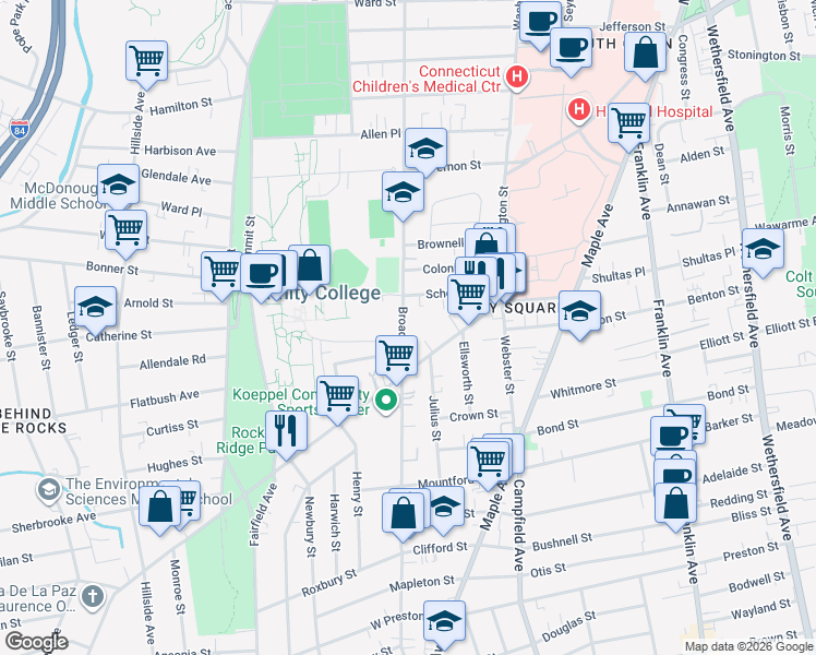 map of restaurants, bars, coffee shops, grocery stores, and more near 1670 Broad Street in Hartford