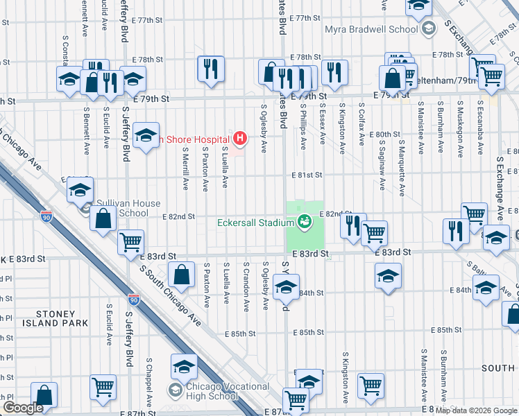 map of restaurants, bars, coffee shops, grocery stores, and more near 8157 South Oglesby Avenue in Chicago