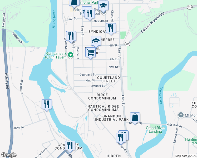 map of restaurants, bars, coffee shops, grocery stores, and more near 417 King Street in Fairport Harbor