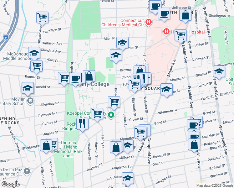 map of restaurants, bars, coffee shops, grocery stores, and more near 1668 Broad Street in Hartford