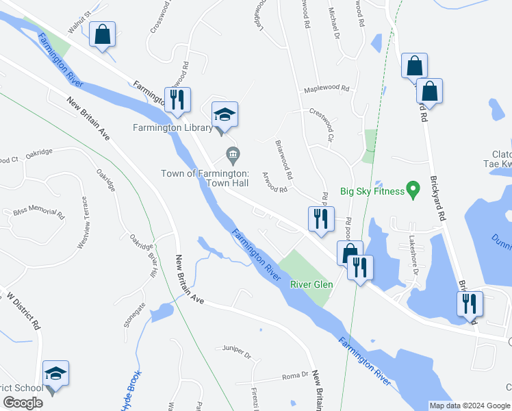 map of restaurants, bars, coffee shops, grocery stores, and more near 1487 Farmington Avenue in Farmington