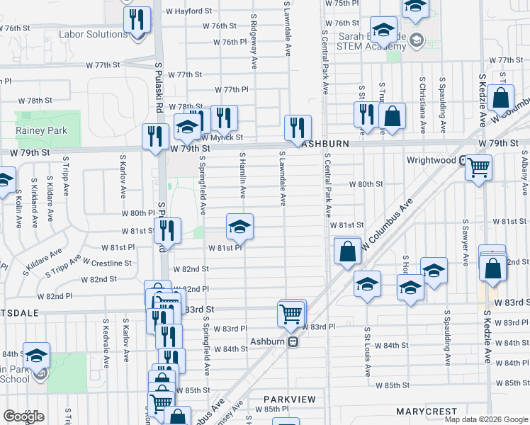 map of restaurants, bars, coffee shops, grocery stores, and more near 3721 West 80th Place in Chicago