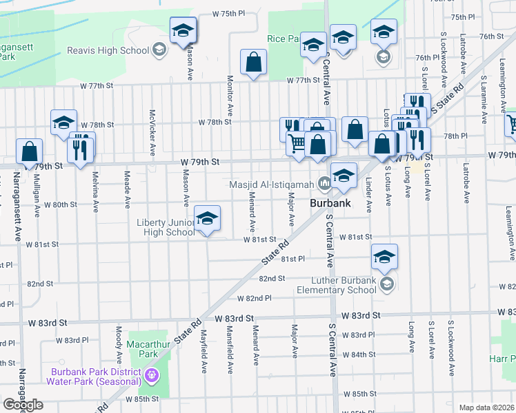 map of restaurants, bars, coffee shops, grocery stores, and more near 8007 Menard Avenue in Burbank