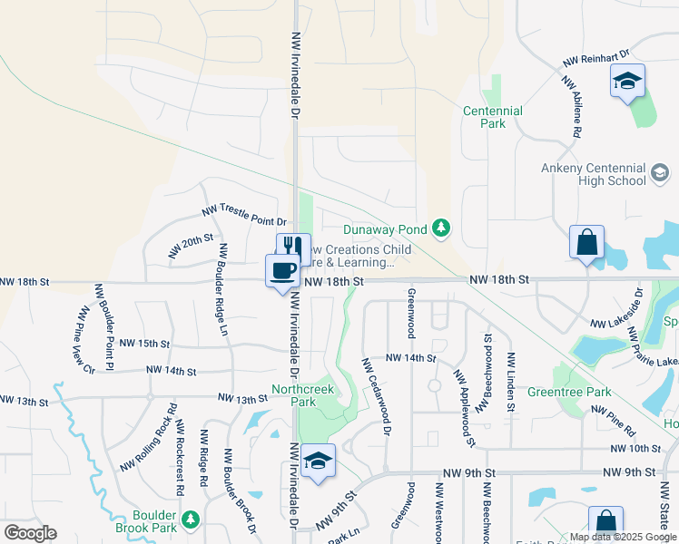 map of restaurants, bars, coffee shops, grocery stores, and more near 1809 Northwest Cedarwood Drive in Ankeny
