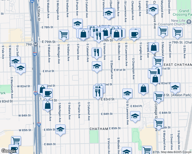 map of restaurants, bars, coffee shops, grocery stores, and more near 8128 South King Drive in Chicago