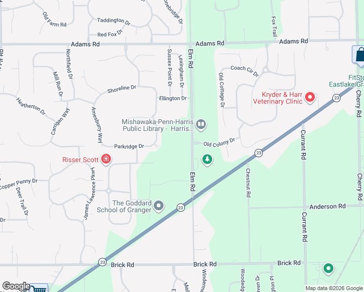 map of restaurants, bars, coffee shops, grocery stores, and more near 51459 Elm Road in Granger