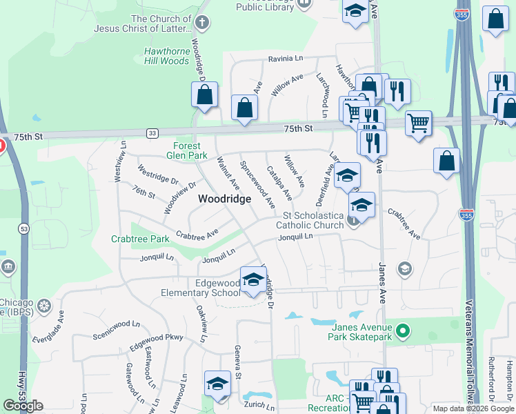 map of restaurants, bars, coffee shops, grocery stores, and more near 7663 Walnut Avenue in Woodridge